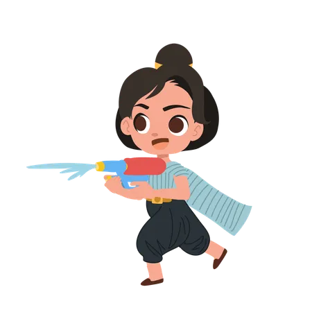 Girl celebrating songkran with water gun  Illustration