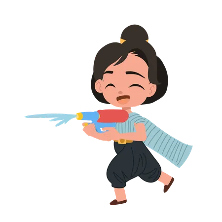 Girl celebrating songkran with water gun  Illustration