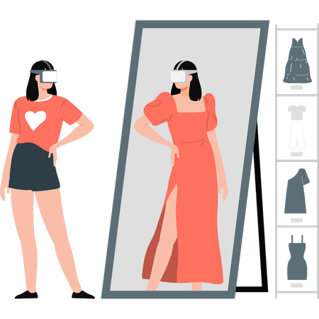 Girl changing cloth using metaverse technology  Illustration