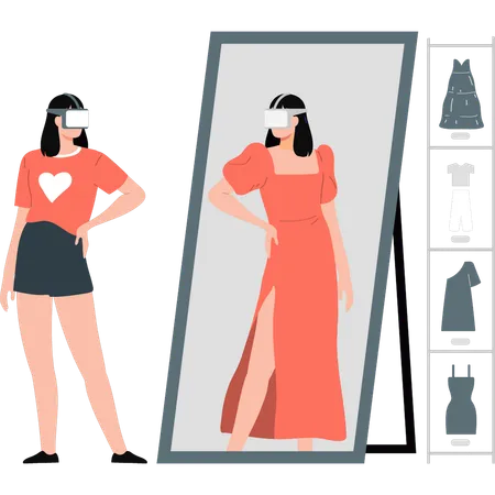 Girl changing cloth using metaverse technology  Illustration