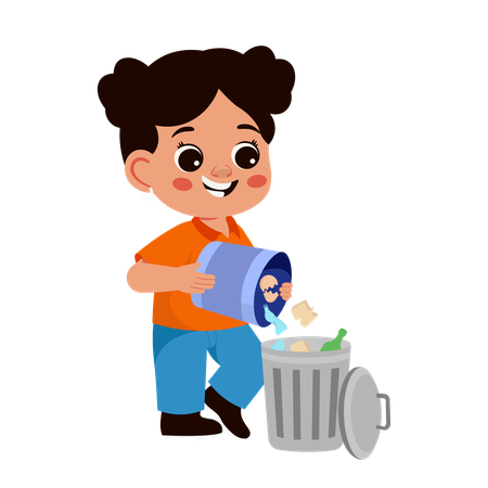 Girl Character Cleaning Trash Throwing Out Trash Can  Illustration