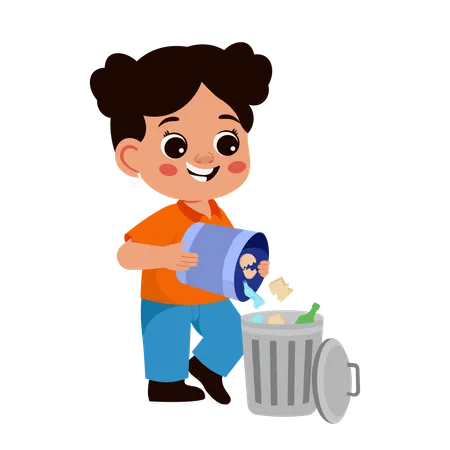 Girl Character Cleaning Trash Throwing Out Trash Can  Illustration