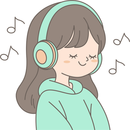 ヘッドフォンで音楽を聴く女の子のキャラクター  イラスト