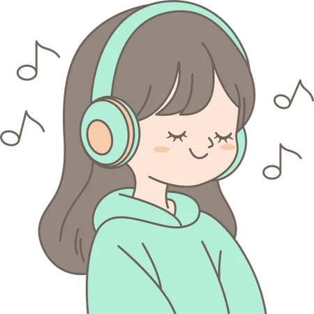 ヘッドフォンで音楽を聴く女の子のキャラクター  イラスト