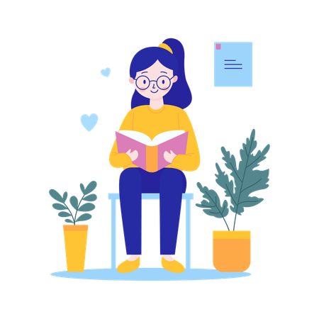 Girl Character Wearing Glasses Sitting Reading a Book in the Library  Illustration