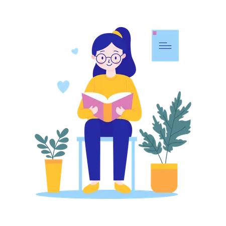 Girl Character Wearing Glasses Sitting Reading a Book in the Library  Illustration