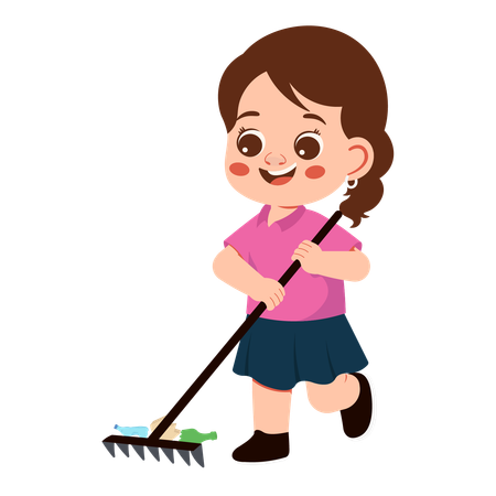 Girl Characters Cleaning Garbage Raking Through Trash  Illustration