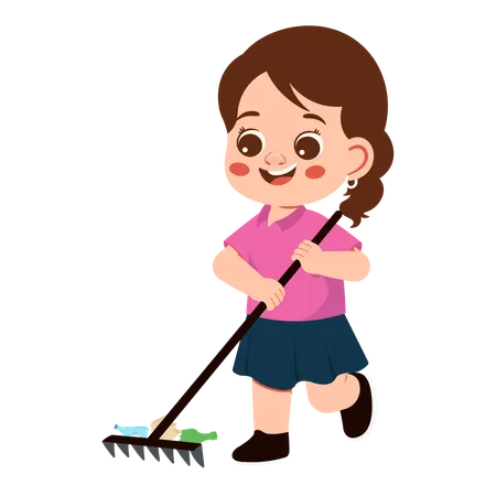 Girl Characters Cleaning Garbage Raking Through Trash  Illustration