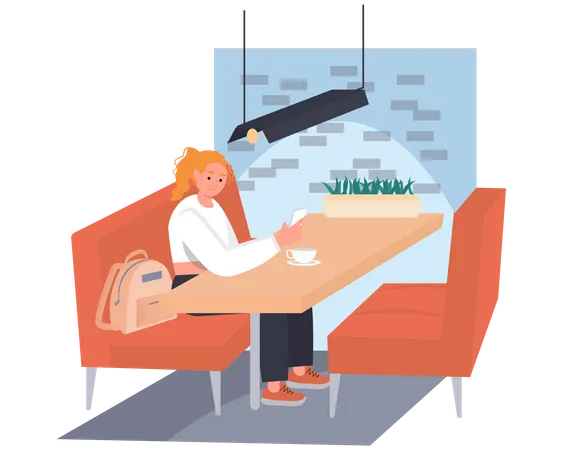 Girl chatting on phone in cafeteria Illustration
