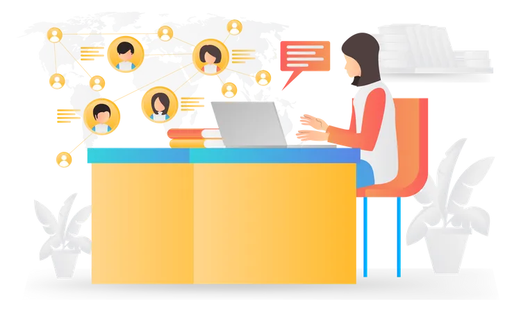 Flat Style Illustration Of Online Chatting With People All Over The World With Laptop Illustration