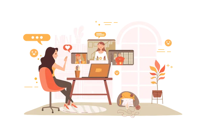 Girl chatting on video call with friends Illustration