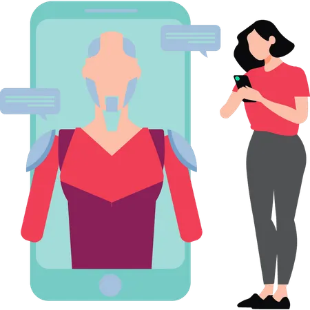 Girl Chatting With Robot On Mobile Illustration