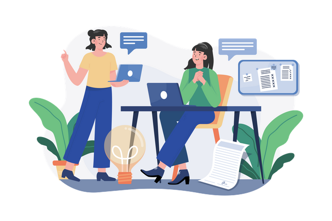 Girl chatting with employees Illustration