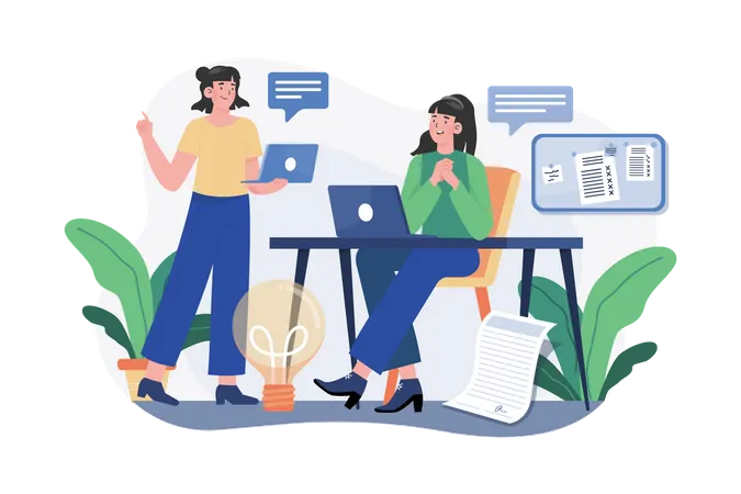 Girl chatting with employees Illustration