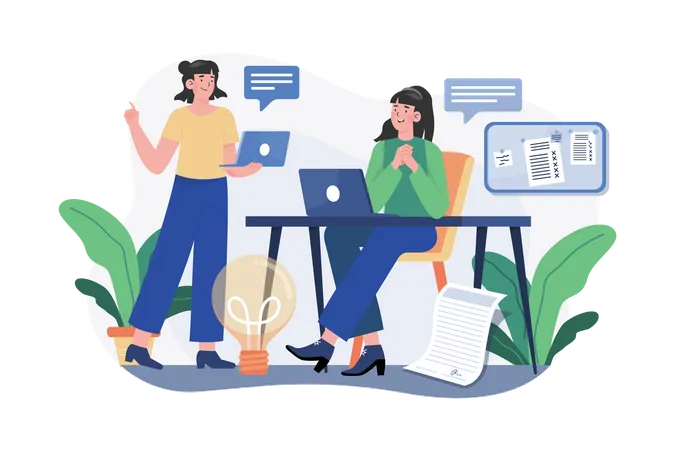 Girl chatting with employees  Illustration