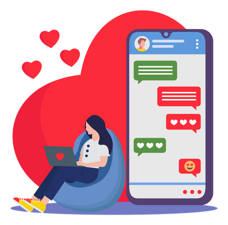 Girl chatting with partner on online dating app Illustration