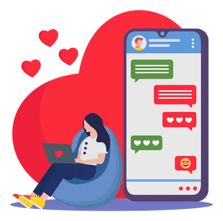 Girl chatting with partner on online dating app Illustration