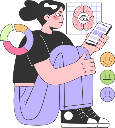 Girl checking brain report on mobile app  Illustration