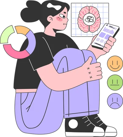 Girl checking brain report on mobile app  Illustration