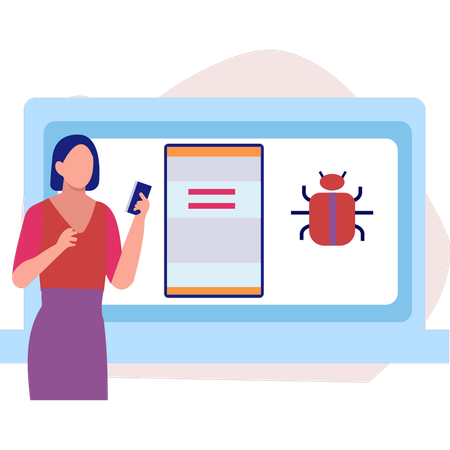 Girl checking bug virus on mobile  Illustration