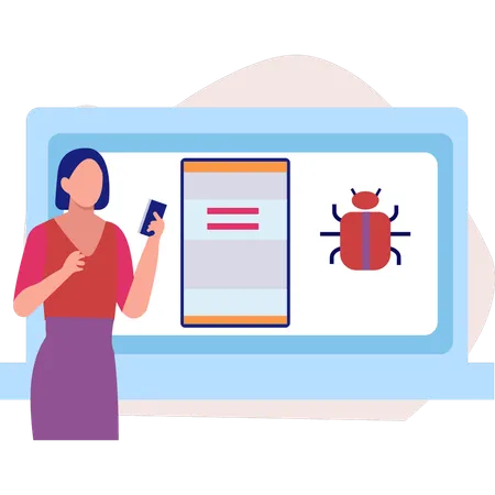 Girl checking bug virus on mobile  Illustration