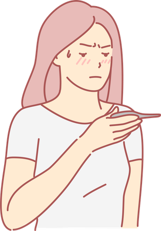 Girl checking fever temperature using digital thermometer  Illustration
