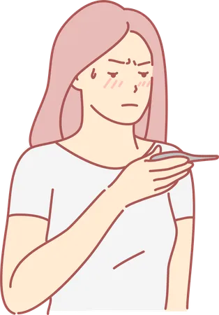 Girl checking fever temperature using digital thermometer  Illustration