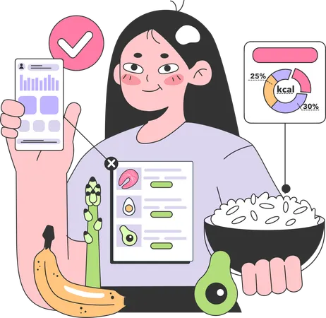 Girl Checking food calorie  Illustration