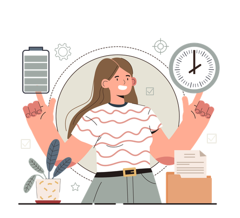 Girl checking free up her time and reduce tiredness  Illustration