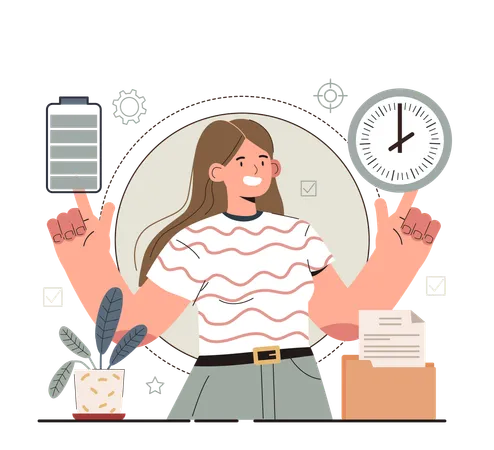 Girl checking free up her time and reduce tiredness  Illustration
