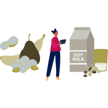 Girl checking fruit and milk bottle  Illustration