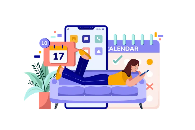 Girl checking her meeting schedule on a mobile app Illustration