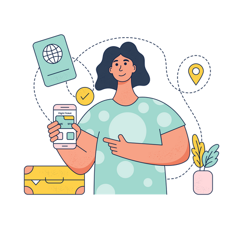 Girl checking important travel documents on mobile phone Illustration