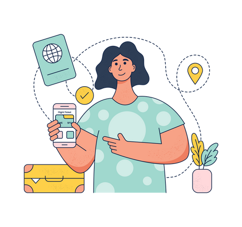 Girl checking important travel documents on mobile phone  Illustration