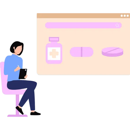 Girl Is Checking Medicines Online イラスト