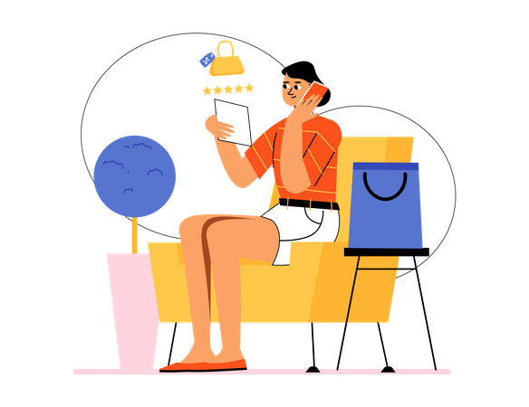 Girl checking product review and doing shopping  Illustration