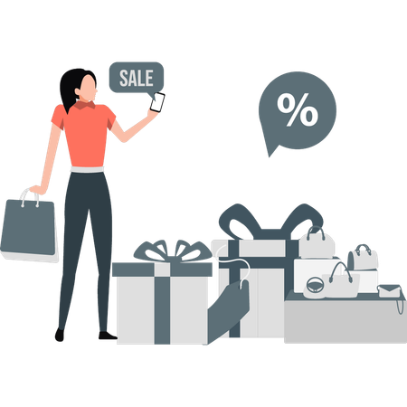 Girl checking sale offer on mobile  Illustration