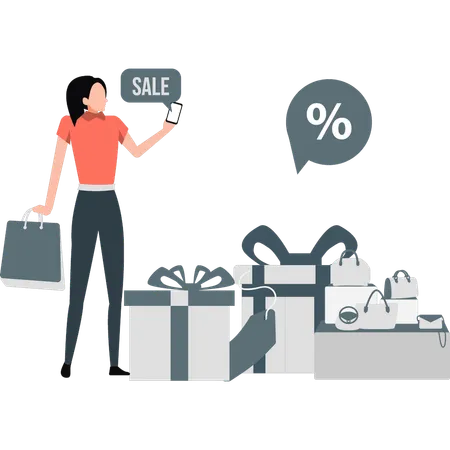 Girl checking sale offer on mobile  Illustration