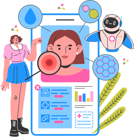 Girl checking skin report using robot  Illustration