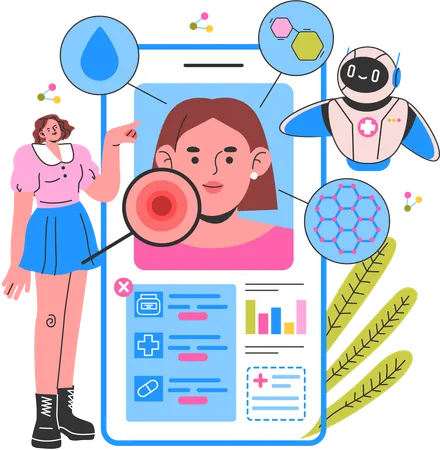 Girl checking skin report using robot  Illustration