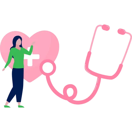 Girl checks heart with stethoscope  Illustration