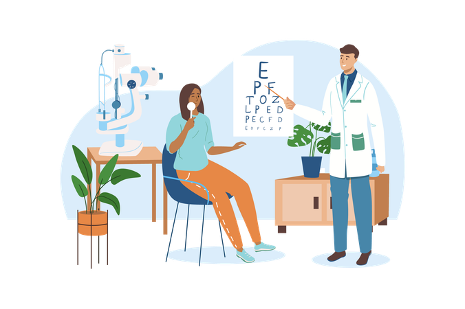 Girl checks her vision at the ophthalmologist  Illustration