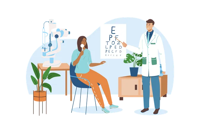 Blue Concept Medical Office With People Scene In The Flat Cartoon Style Girl Checks Her Vision At The Ophthalmologist Vector Illustration Illustration