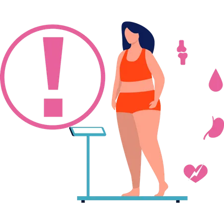 Girl checks her weight on a weighing machine  Illustration