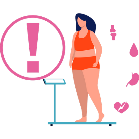 Girl checks her weight on a weighing machine  Illustration