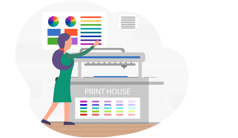 Girl checks presence of ink in printer  Illustration