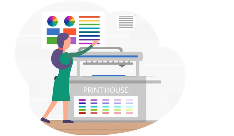 Girl checks presence of ink in printer  Illustration