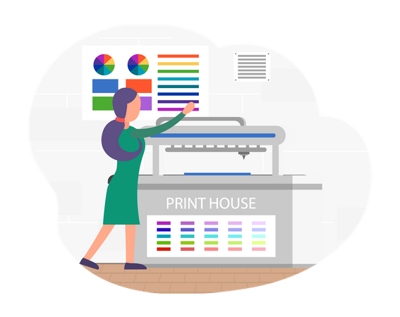 Girl checks presence of ink in printer  Illustration