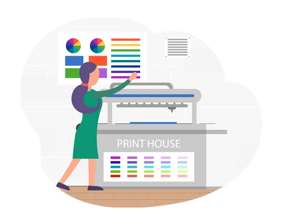 Girl checks presence of ink in printer  Illustration