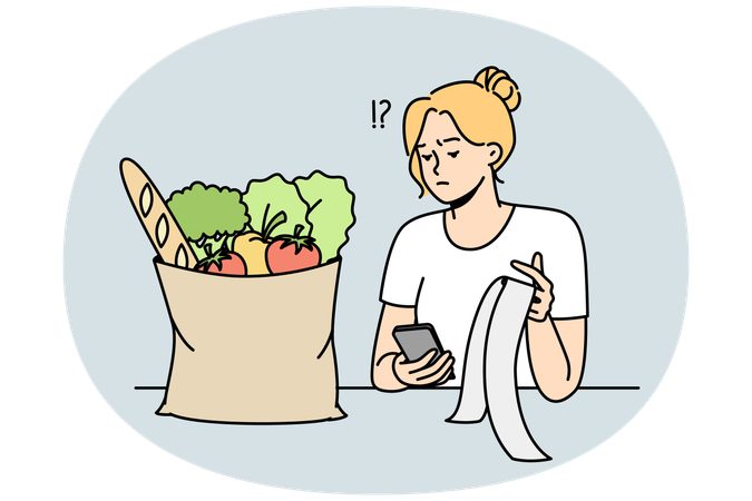 Girl checks purchase bill after supermarket shopping  Illustration